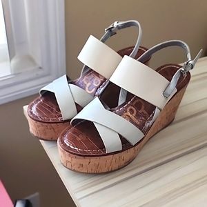 Sam Edelman Destiny Wedge Three Tone Sandal (Ivory/Cream/Silver) Size 6.5